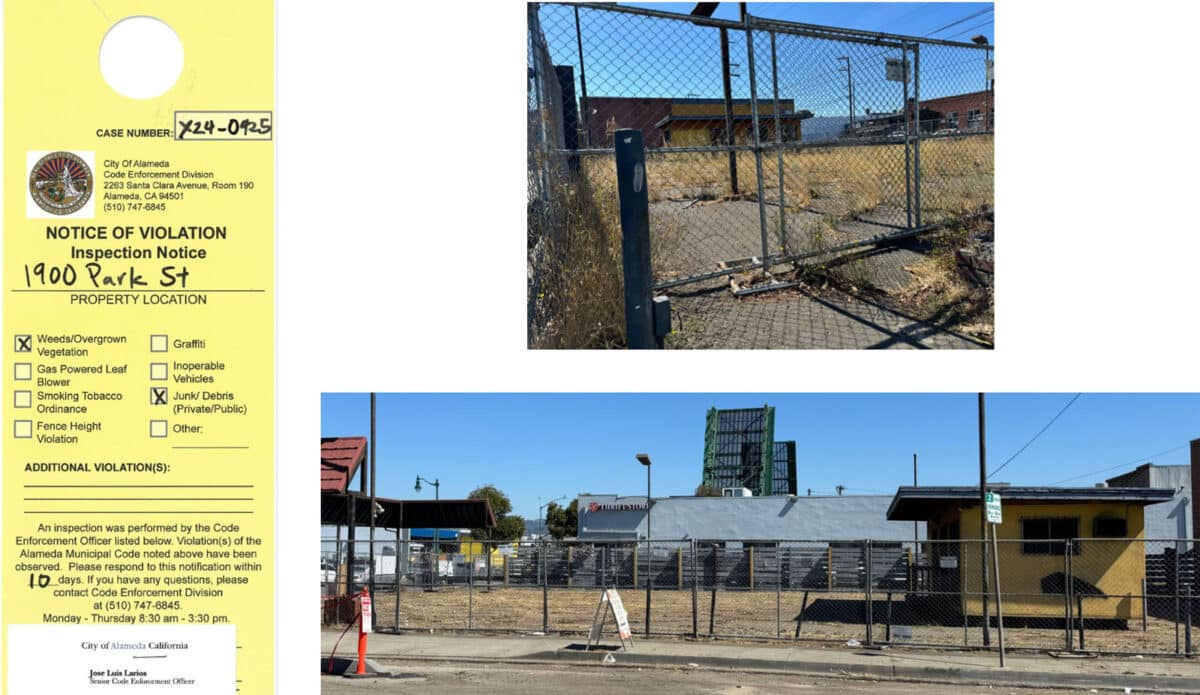 Alameda Post -a photo of a yellow door tag that indicates a violation, and a before/after of overgrown vegetation versus a well kept space