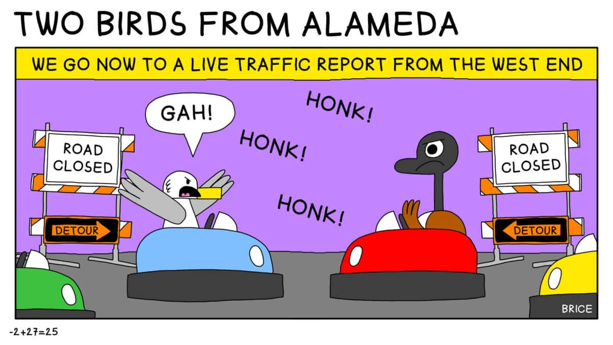 Alameda Post - Two Birds from Alameda for February 27, 2025: Only panel: A heading across the top reads, "We go now to a live traffic report from the West End. In the panel, several cars honk while clustered around "Road Closed. Detour" Signs. Seagull waves their wings and says, "Gah!" while looking at a very disgruntled Goose who is laying on their horn. 