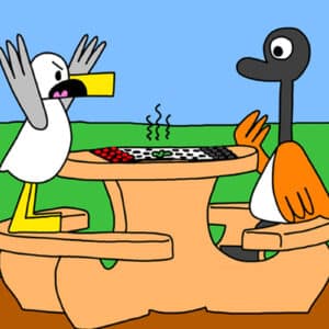 Alameda Post - Seagull and Goose from Two birds from Alameda sit at a park bench and play checkers