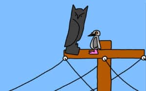 Alameda Post - Two Birds from Alameda for February 6, 2025. First panel: A pigeon stands on top of a telephone pole and talks to a dark outline of an owl.