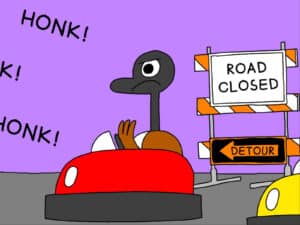 Alameda Post - Goose from Two Birds from Alameda is driving a car in traffic. There are honking cars and "Road Closed" signs.