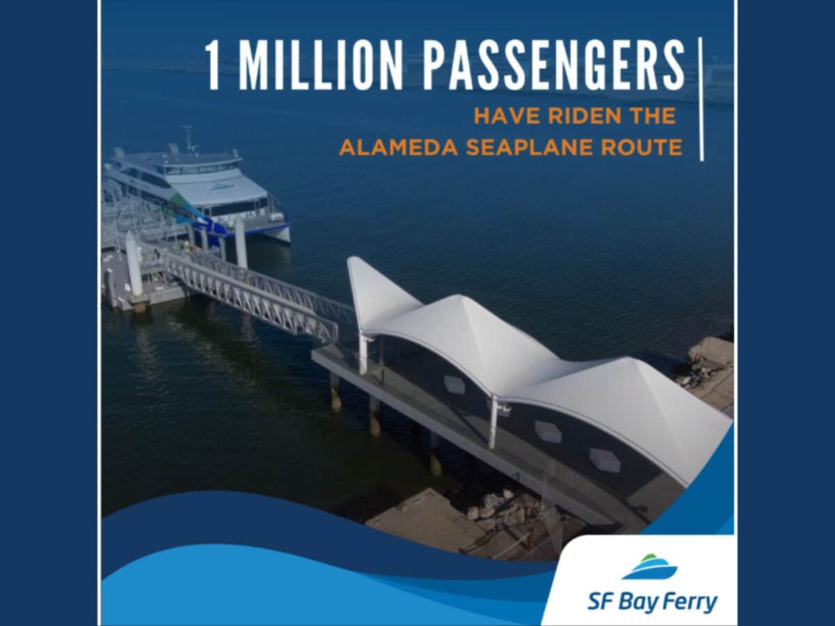 Alameda Post - A photo of the Alameda Seaplane Lagoon Ferry terminal with the words "1 Million passengers have ridden the Alameda Seaplane Route"