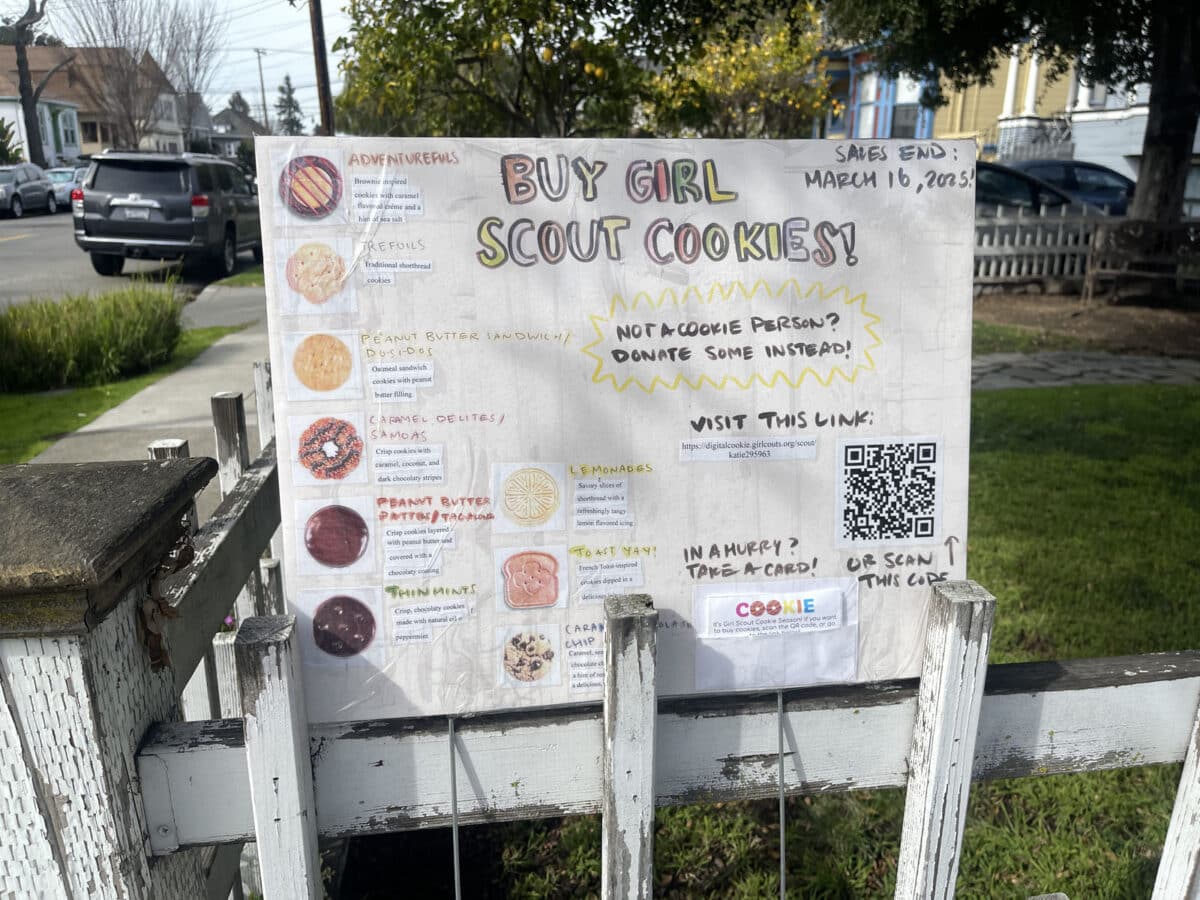 Alameda Post - a handmade sign with the types of Girl Scout cookies available and how to buy them