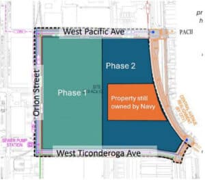 Alameda Post - a map of Alameda Point land parcels potentially intended for Pacific Fusion's use labeled "Phase 1" and "Phase 2 Property still owned by the Navy."