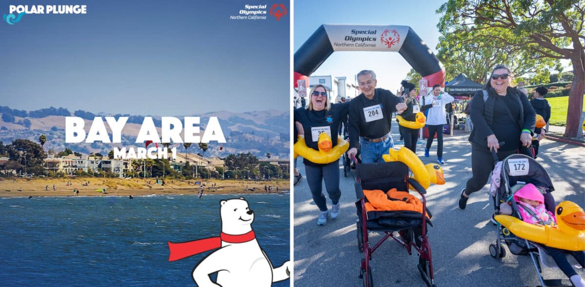 Alameda Post - a poster advertising the Bay Area polar plunge, and a photo of participants in a 5k race
