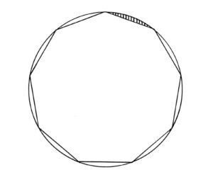 Alameda Post - a regular nonagon inscribed within a circle. There are nine small areas created in between the circle and the nonagon. One of the areas is shaded.