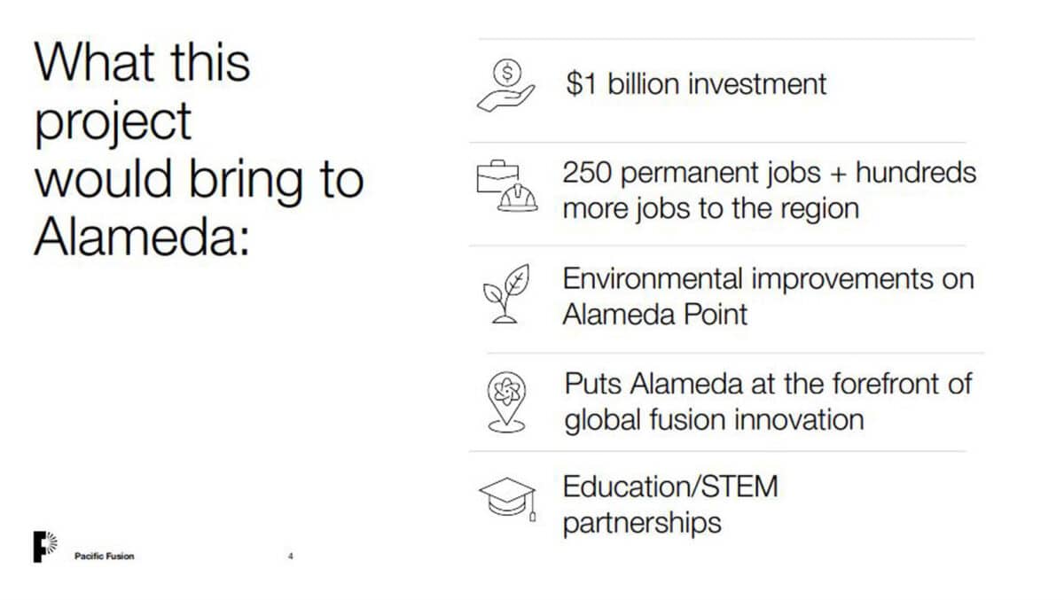 Alameda Post - a list of proposed benefits that the Pacific Fusion project would bring to Alameda, including Education/STEM partnerships and 250 jobs