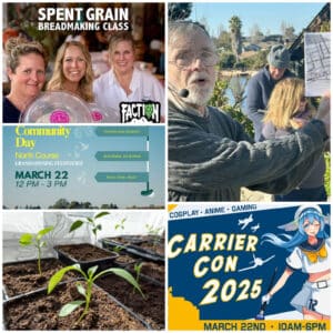 Alameda Post - a collage of events this week including a breadmaking class, CarrierCon 2025, a walking tour, community day at Corica Park, and a gardening class