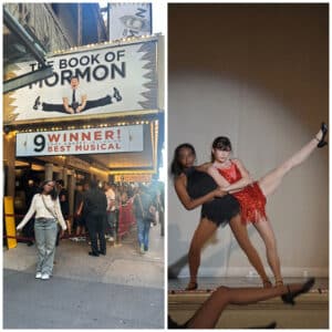 Alameda Post - Bailey Buckingham stands in front of a sign for The Book of Mormon, and Sydney Mersch dances onstage