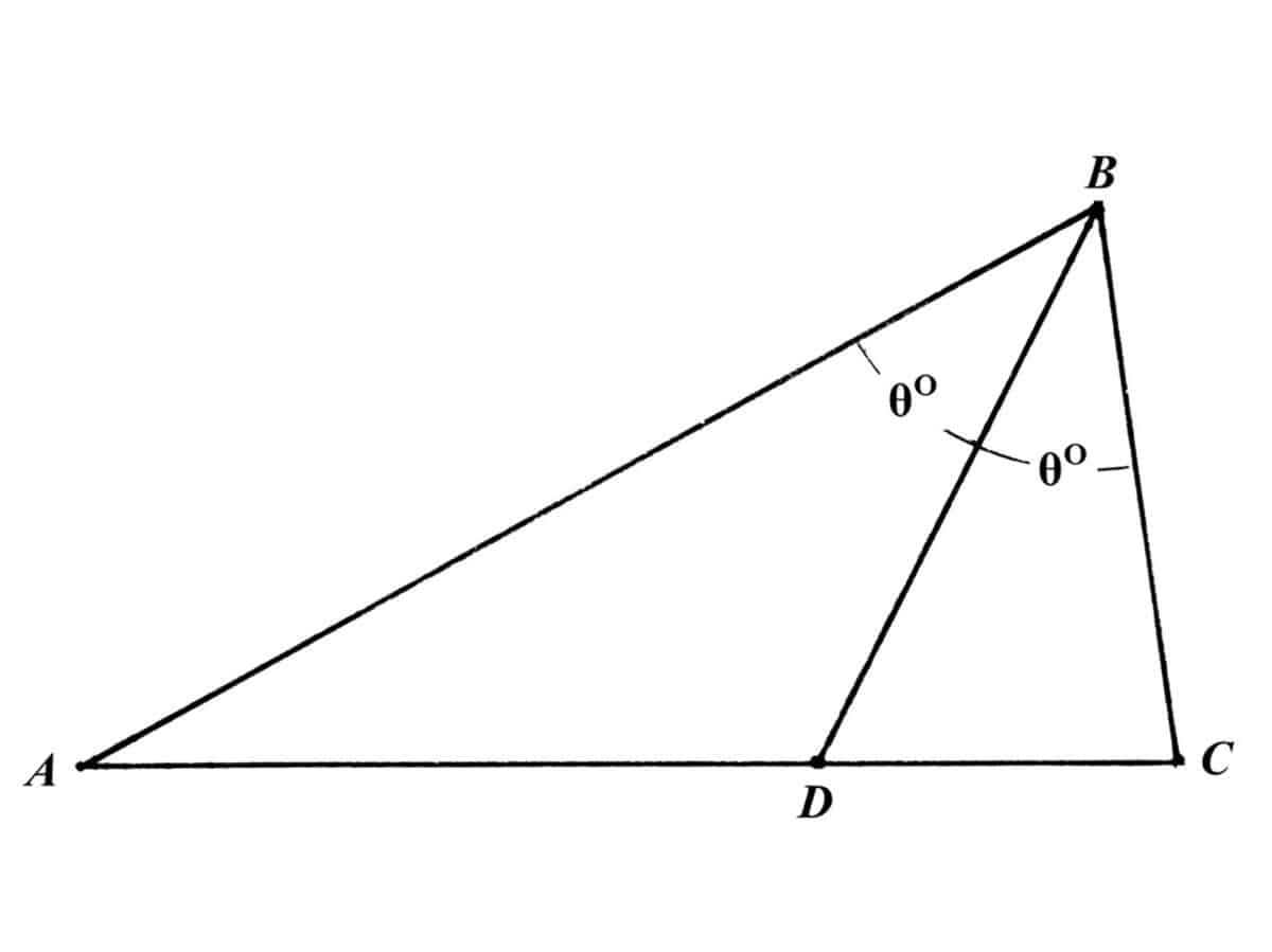Alameda Post - a triangle ABC with an angle bisector line That goes from B to point D, which is in between A and C. The angles on either side of the bisector are both labelled theta