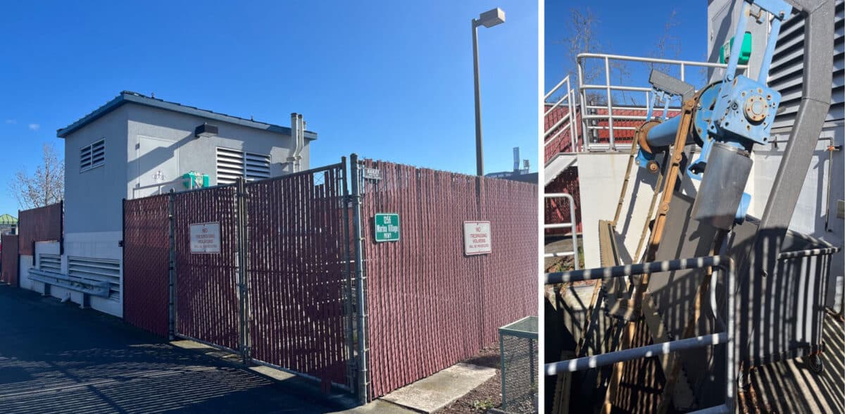 Alameda Post - a pump station behind a tall fence, and a metal trash rack
