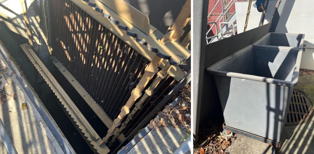 Alameda Post - a metal trash rack, and a large plastic trash bin