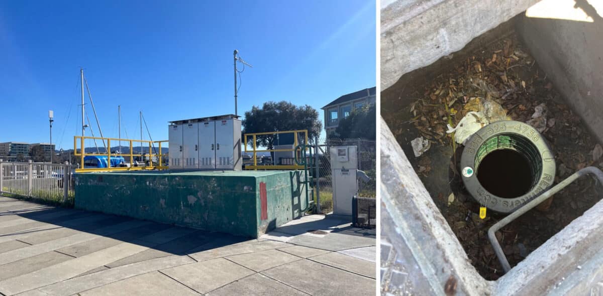 Alameda Post - a large boxy pump station, and a pipe going into the ground, which is a filter