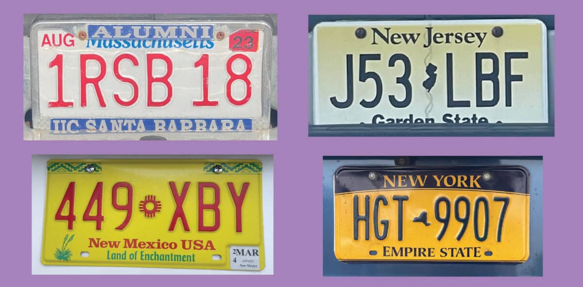 Alameda Post - license plates from Massachusetts, New Jersey, New Meico, and New York