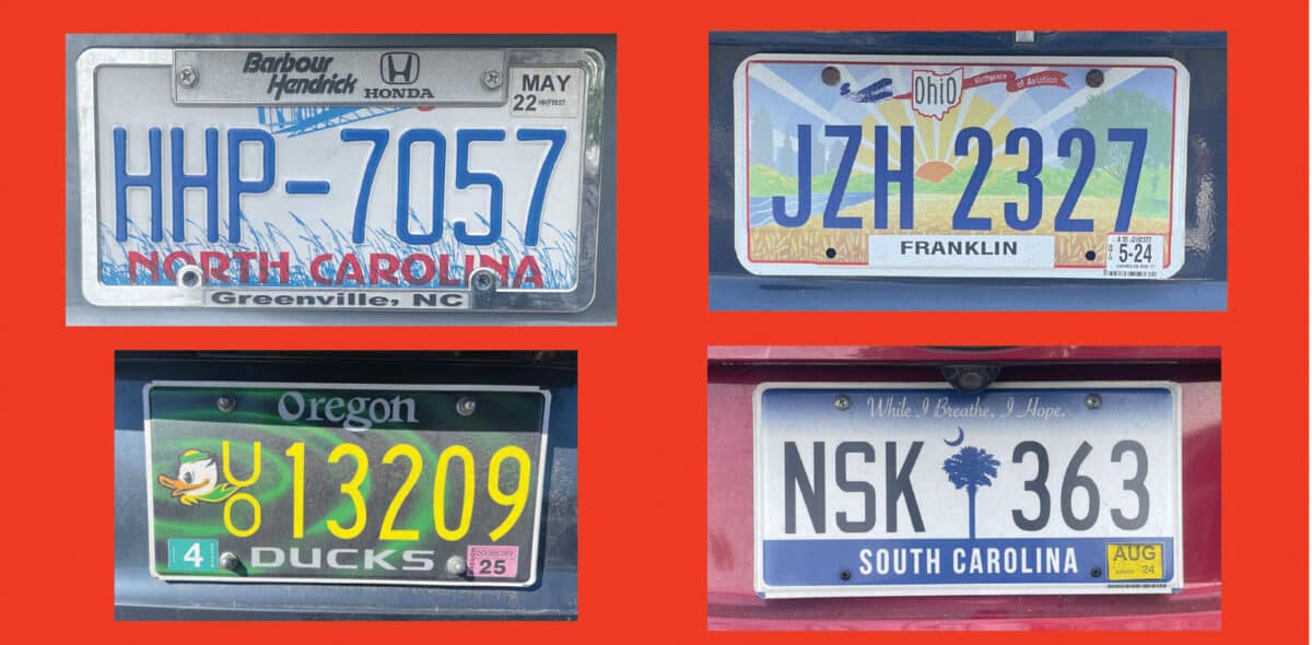 Alameda Post - license plates from North Carolina, Ohio, Oregon, and South Carolina