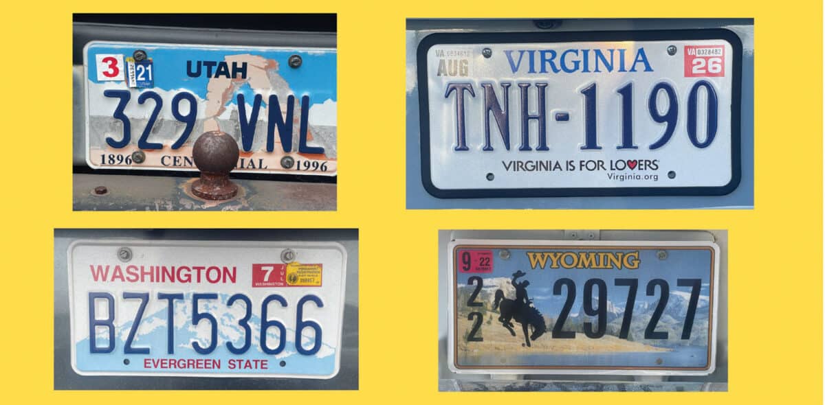 Alameda Post - license plates from Utah, Virginia, Washington, and Wyoming
