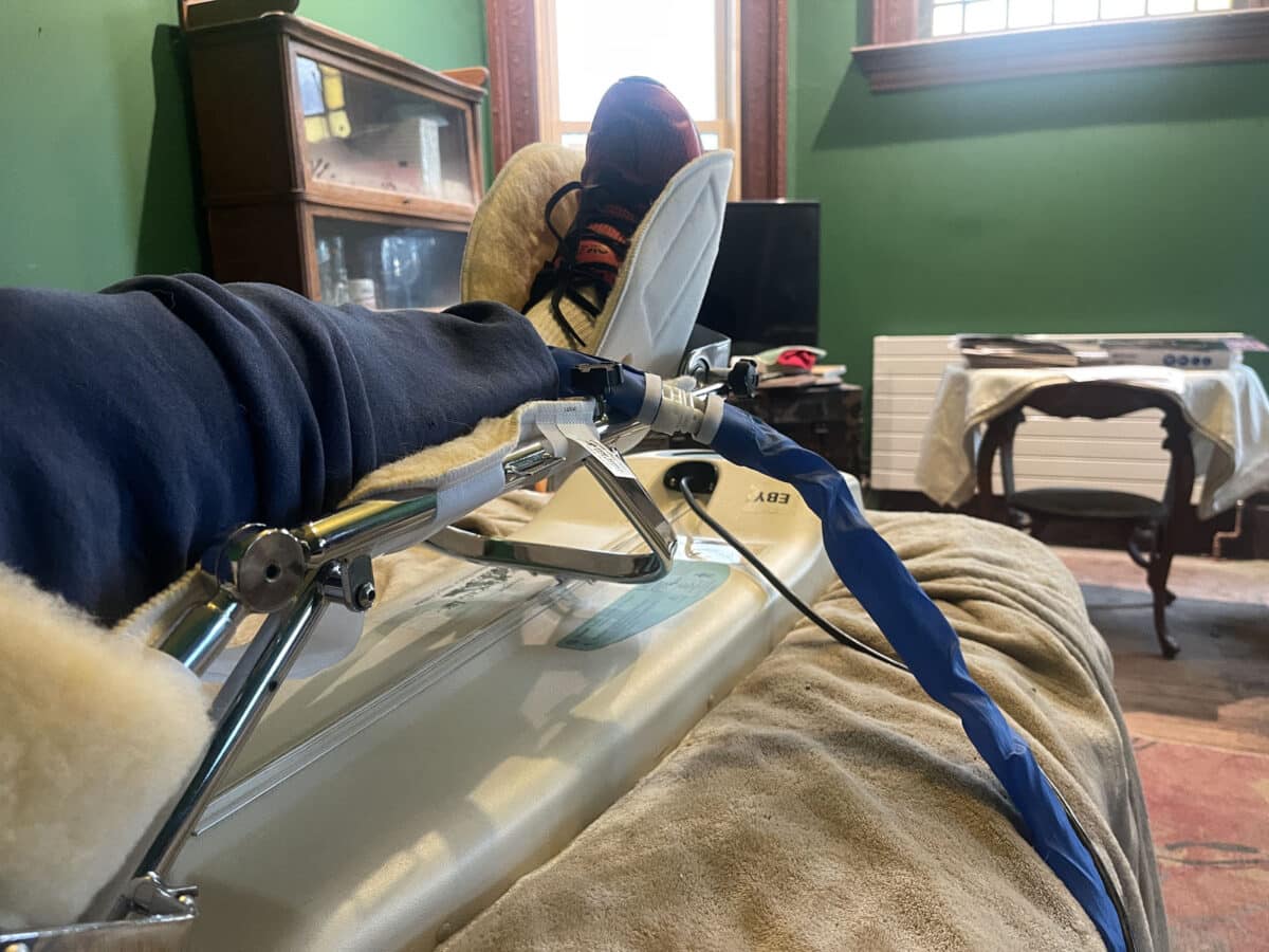 Alameda Post - a photo of a leg propped up on a bed in a professional rig