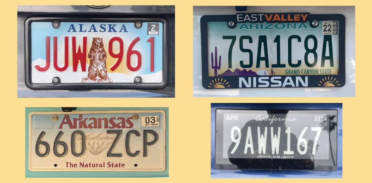 Alameda Post - license plates from Alaska, Arizona, Arkansas, and California