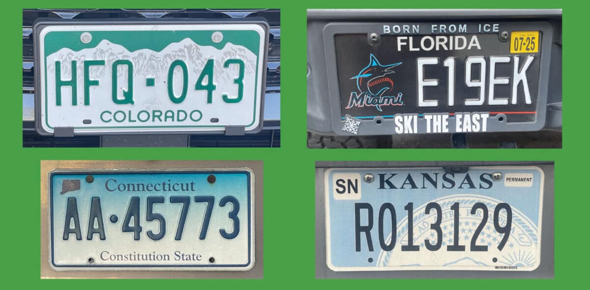 Alameda Post - license plates from Florida, Colorado, Connecticut, and Kansas