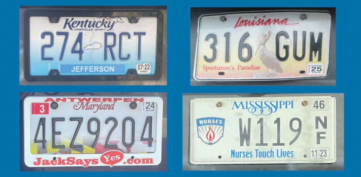 Alameda Post - license plates from Kentucky, Louisiana, Maryland, and Mississippi