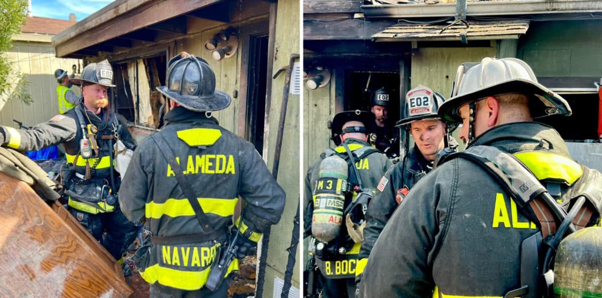 Alameda Post - firefighters in gear enter a charred building