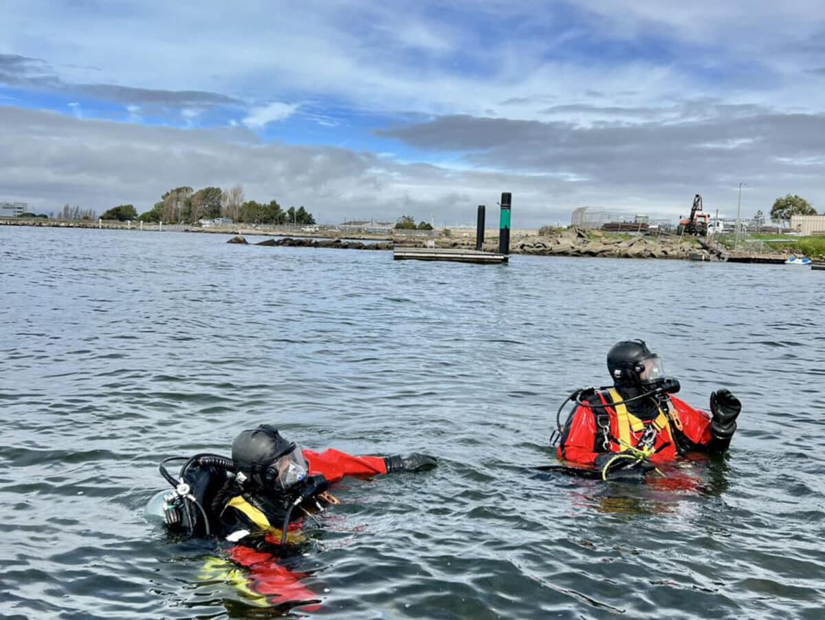 Alameda Post - two AFD members in the water in scuba gear