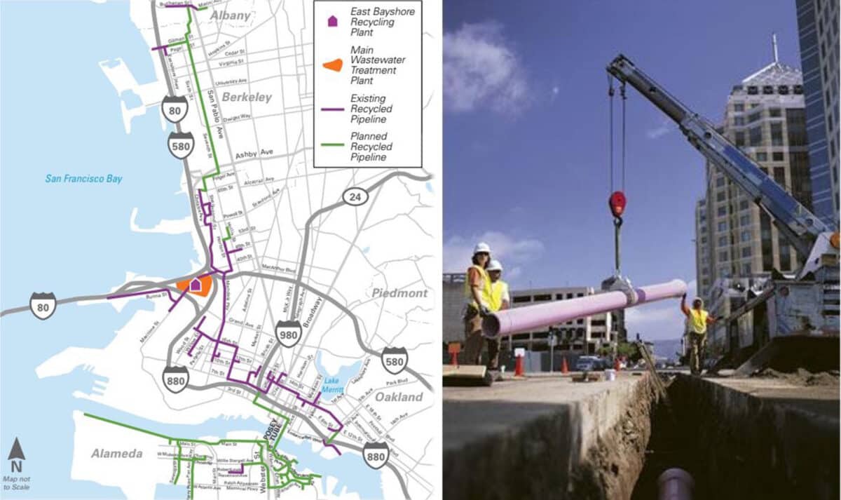 Alameda Post - a map of EBMUD pipes and a photo of a purple pipe being lifted out of the ground