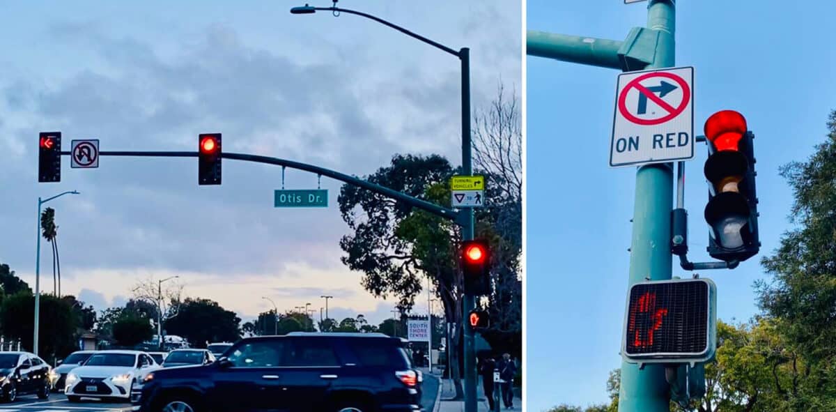 Alameda Post - a red light at Park and Otis, and a sign that says no right turn on red