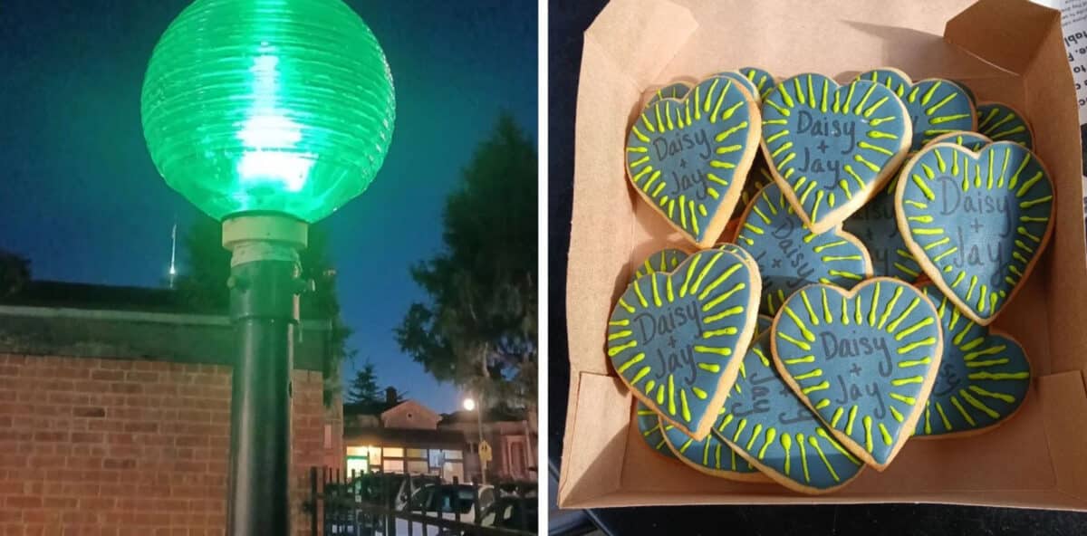 Alameda Post - a lamp post that glows green and a box of heart shaped cookies that say Daisy and Jay
