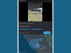 Alameda Post - a screenshot of a Ring camera notification about the recovery of a body on Bay Farm Island