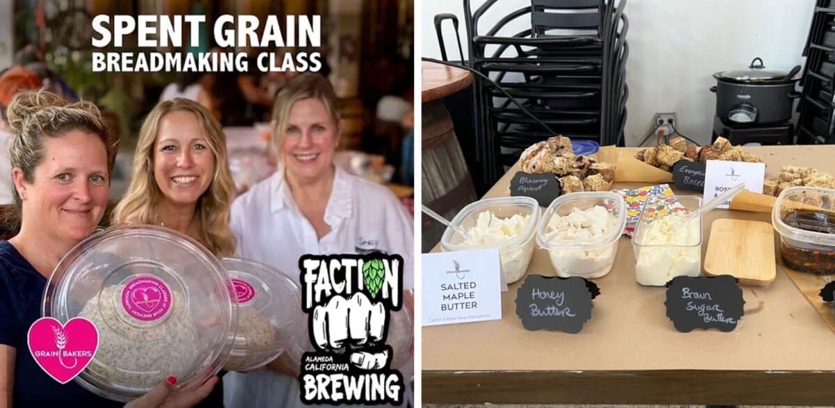 Alameda Post - the poster for the Spent Grain Breadmaking Class with photos of bread dough additions and several attendees holding up their dough