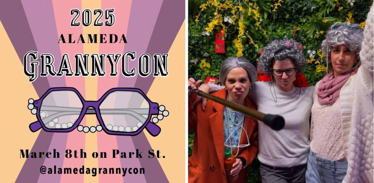 Alameda Post - the poster for GrannyCon, and a photo of three women dressed up as grannies