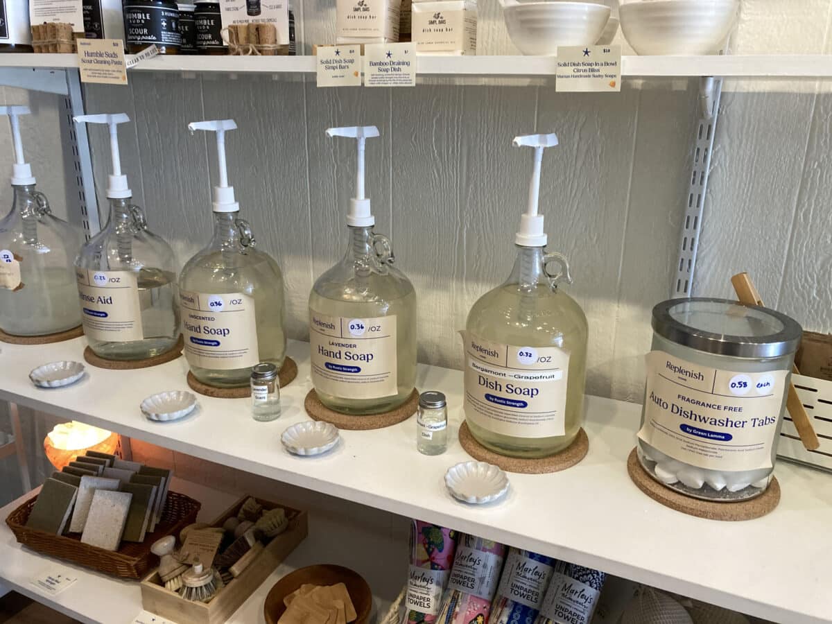 Alameda Post - large containers of soap, detergent, and other household products that can be used to refill reusable containers