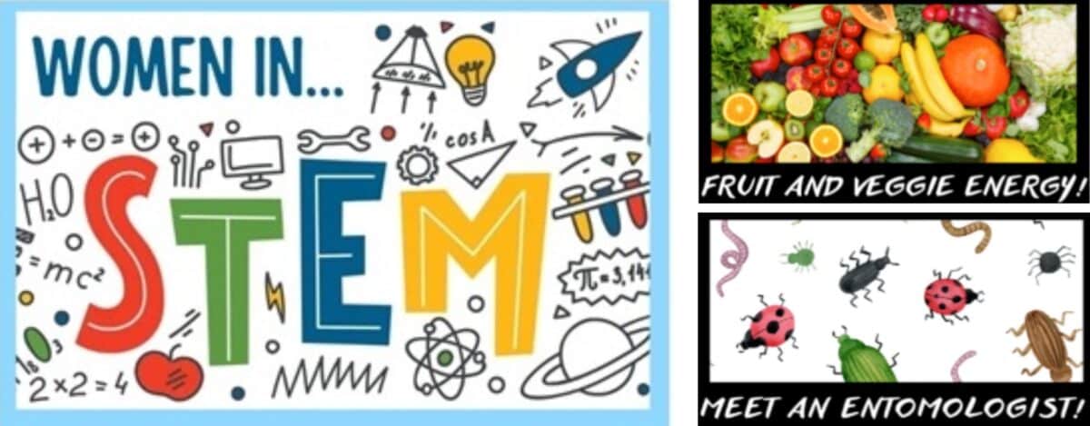 Alameda Post - graphics that say "Women in STEM," "Fruit and Veggie Energy," and "Meet an Entemologist"