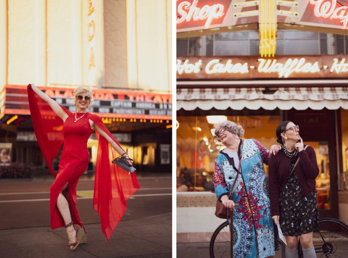 Alameda Post - People in granny outfits pose in front of the Alameda cinema and Ole's Waffle Shop
