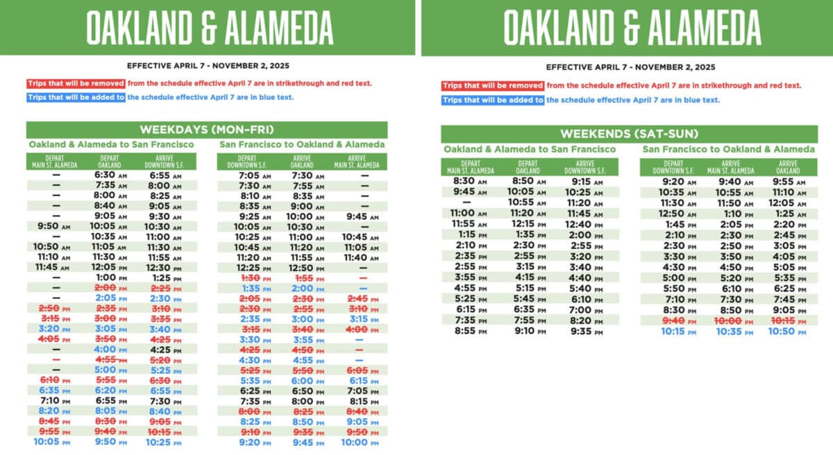 Alameda Post - the new schedule for the SF Bay Ferry for the route from Main Street Alameda to Oakland to Downtown SF