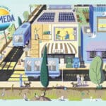 Alameda Post - A whimsical drawing of Alameda portraying gardens, active transport, public transport, beaches, and people enjoying life. A logo in the corner says "Climate Action and Resiliency Plan"