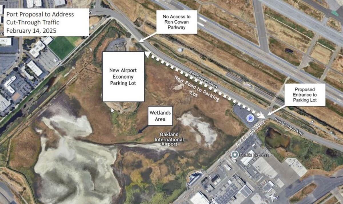 Alameda Post - a bird's eye view photo of part of Ron Cowan Pkwy, Oakland Airport, and traffic flow suggestions
