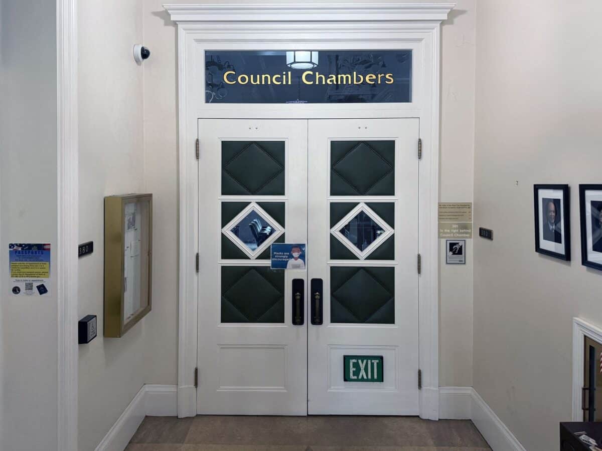 Alameda Post - the doors to the Alameda City Council meeting chamber