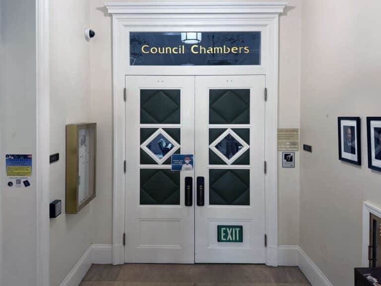 Alameda Post - the doors to the Alameda City Council meeting chamber