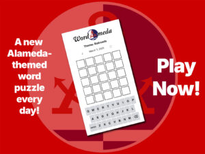 Alameda Post - a screenshot of the Wordameda word puzzle game with overlaid text "A new Alameda-themed word puzzle every day! Play Now!"