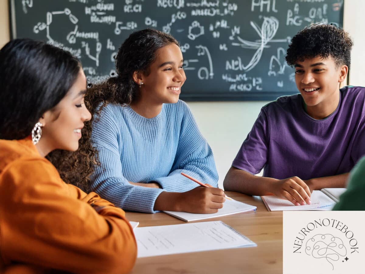 Alameda Post - Students discuss science around a table with the Neuro Notebook logo superimposed. AI generated image.