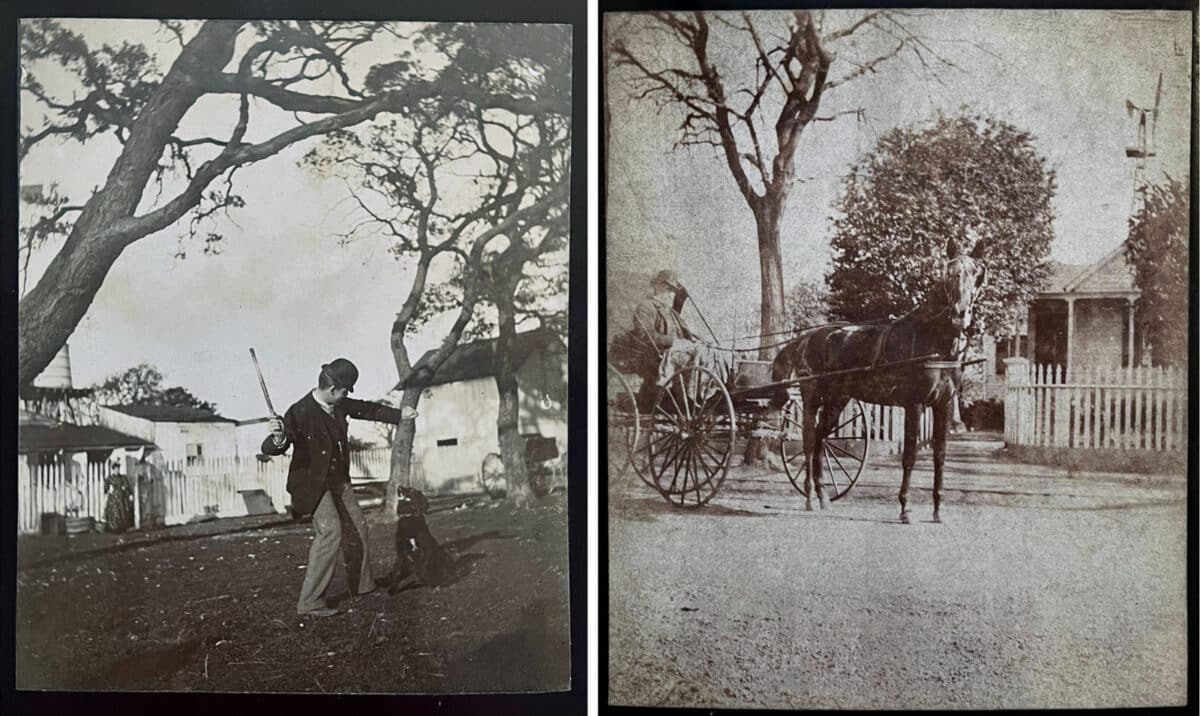 Alameda Post - black and white photos of a man throwing a stick to a dog, and a man in a buggy being pulled by a horse