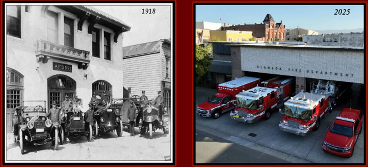 Alameda Post - a black and white historic photo of an AFD station, and a modern photo of the station near Park Street