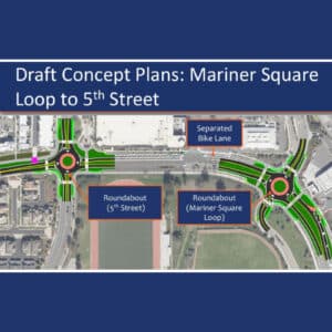 Alameda Post - Willie Stargell Avenue Complete Street Corridor Project plans from Mariner Square Loop to 5th Street. There are two roundabouts at the intersections, and a separated bike lane