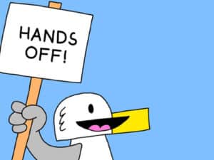 Alameda Post - Seagull from Two Birds from Alameda holds up a sign that says "Hands off"