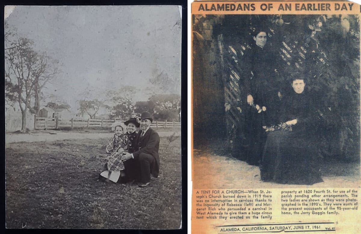 Alameda Post - a black and white photo of a young couple and child, and a newspaper clipping that reads "Alamedans of an earlier Day" with a photo of two women