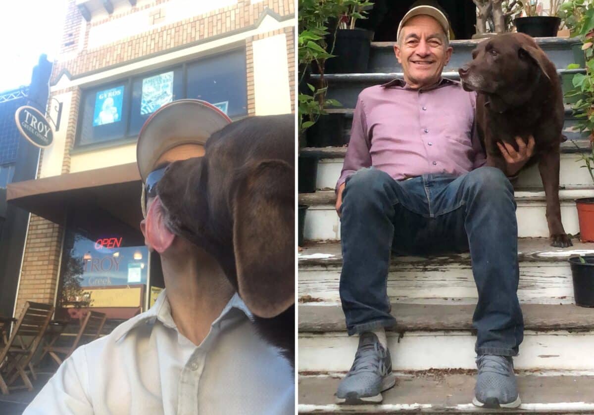 Alameda Post - a collage of a brown lab and his human companion