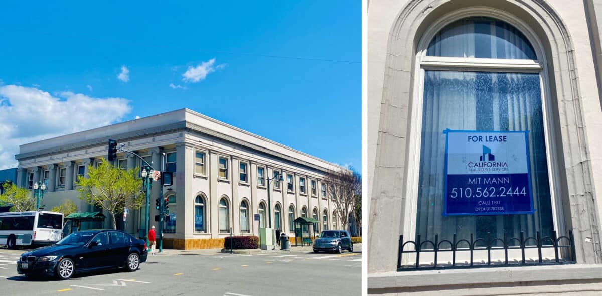 Alameda Post - the former Bank of America building and a sign in the window that says "For Lease", which is under discussion as a potential point of economic development in Alameda