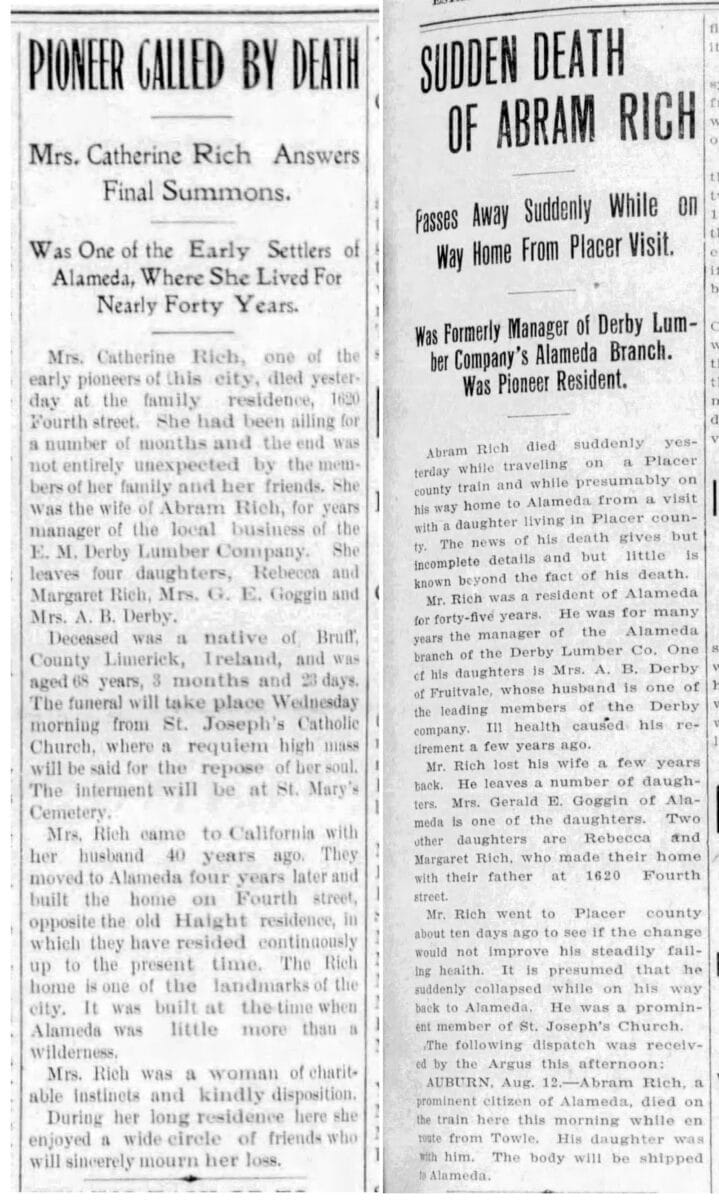 Alameda Post - two newspaper clippings. One is titled "Pioneer Galled by Death" and the other is titled " Sudden Death of Abram Rich"